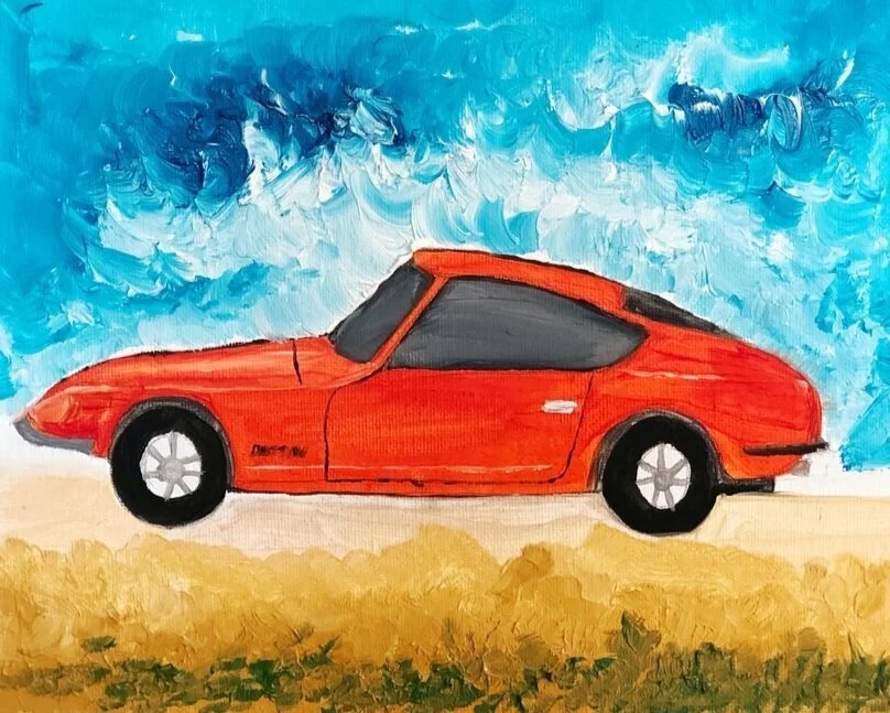 Painting of a red sports car in front of a blue, cloudy sky.