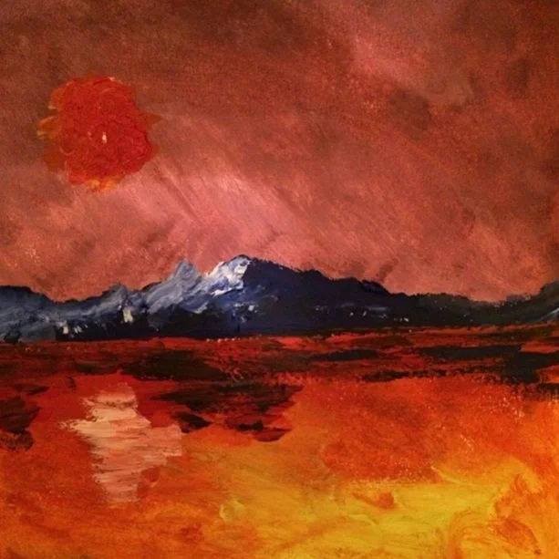 Abstract painting of a fiery landscape with a red sunset over dark mountains and a reflective surface below.