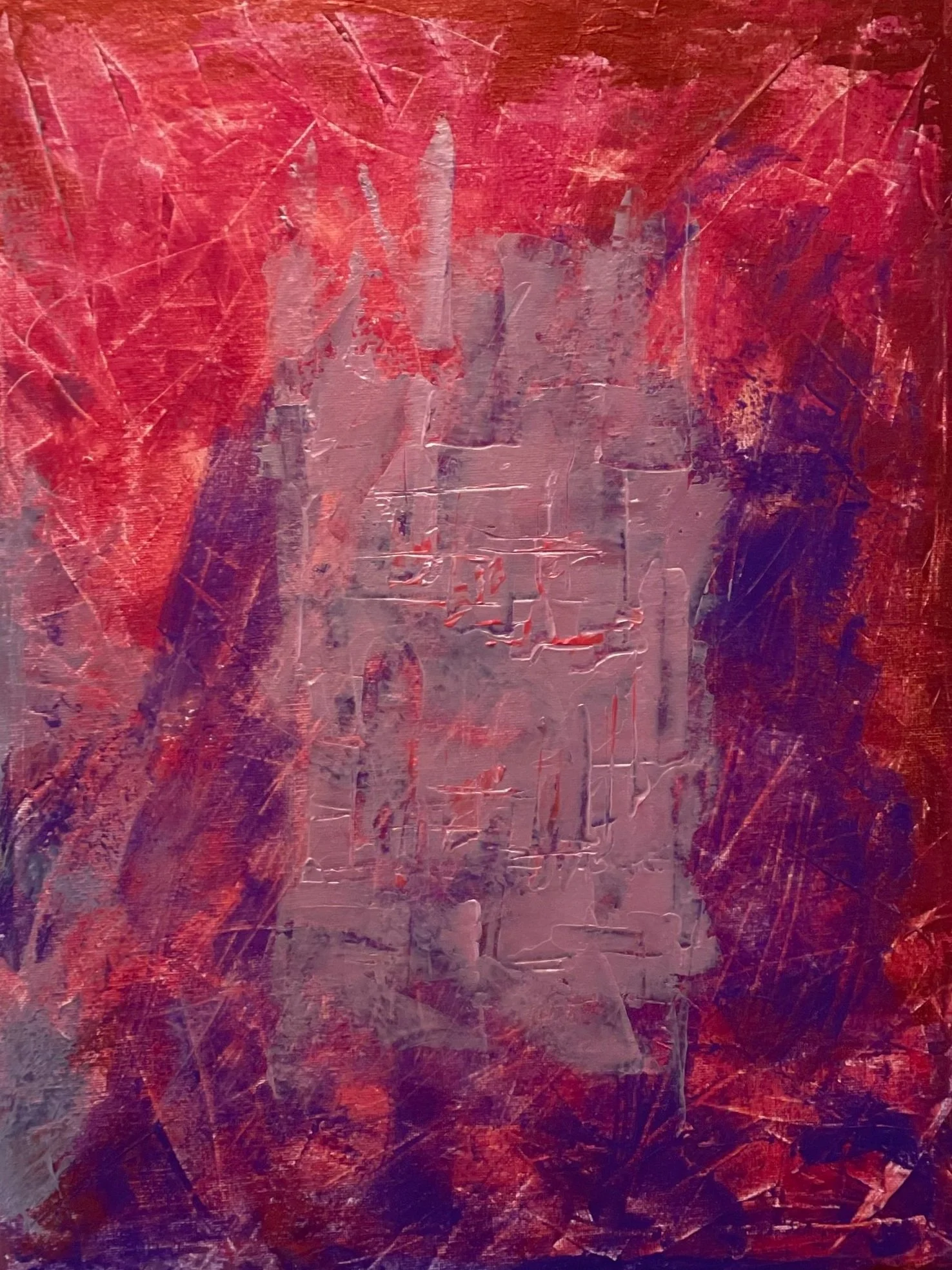 Abstract painting with red, purple, and pink hues; textured brushstrokes and layered effects.