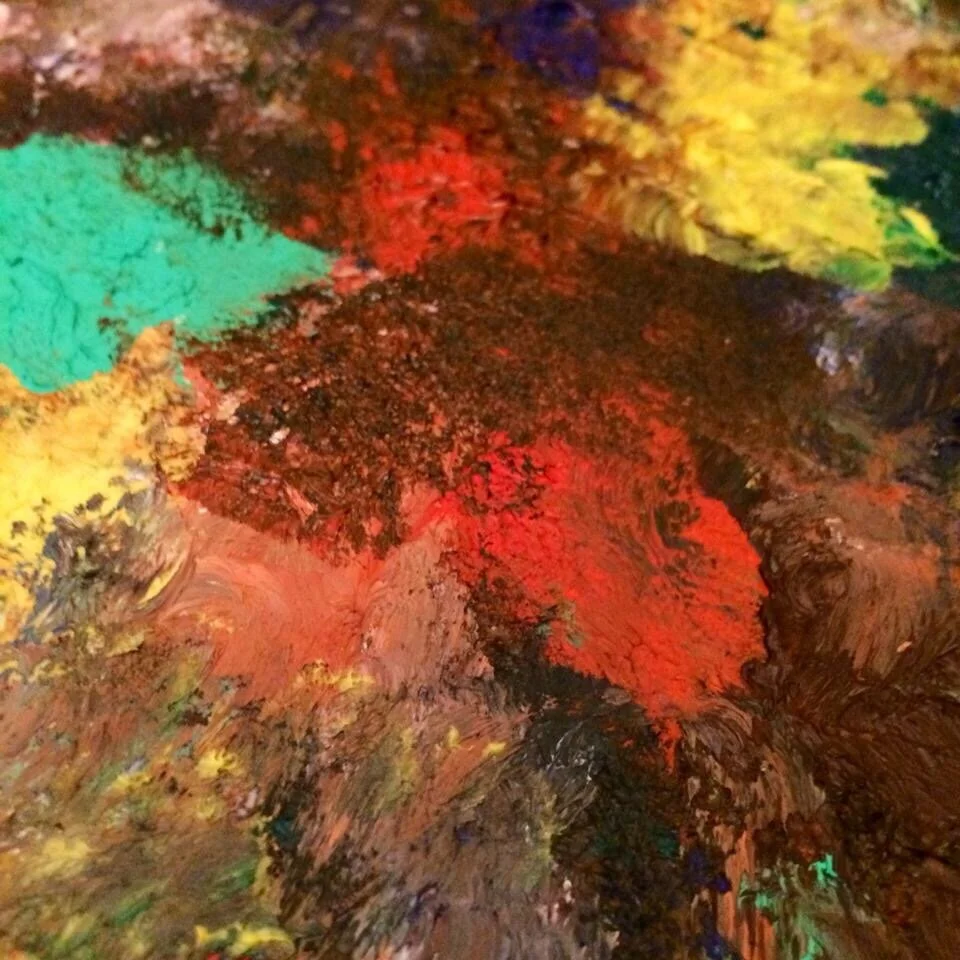 Abstract painting with colorful brushstrokes.