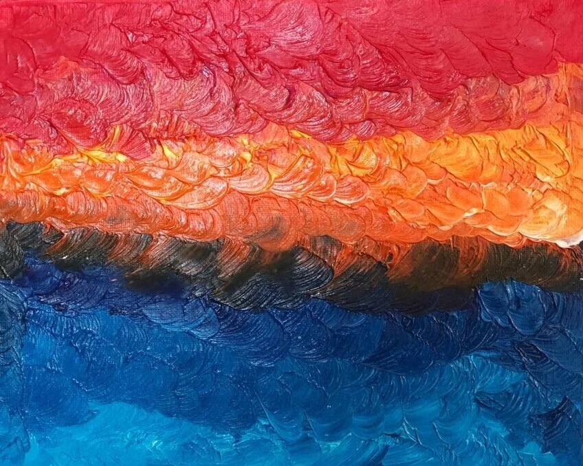 Colorful abstract painting with textured brushstrokes in red, orange, blue, and black.