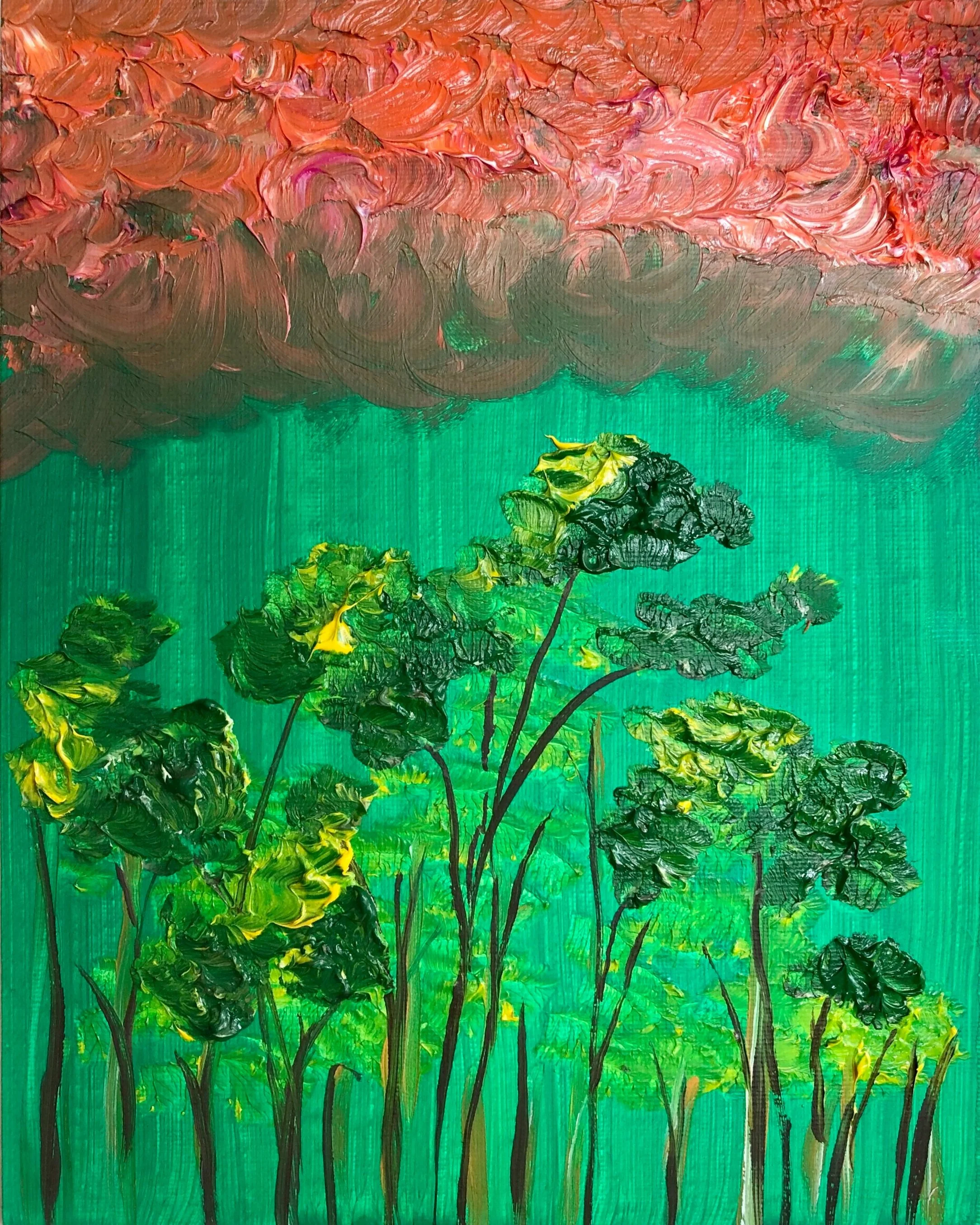 Abstract painting of trees with textured green foliage; sky of swirling red and orange.