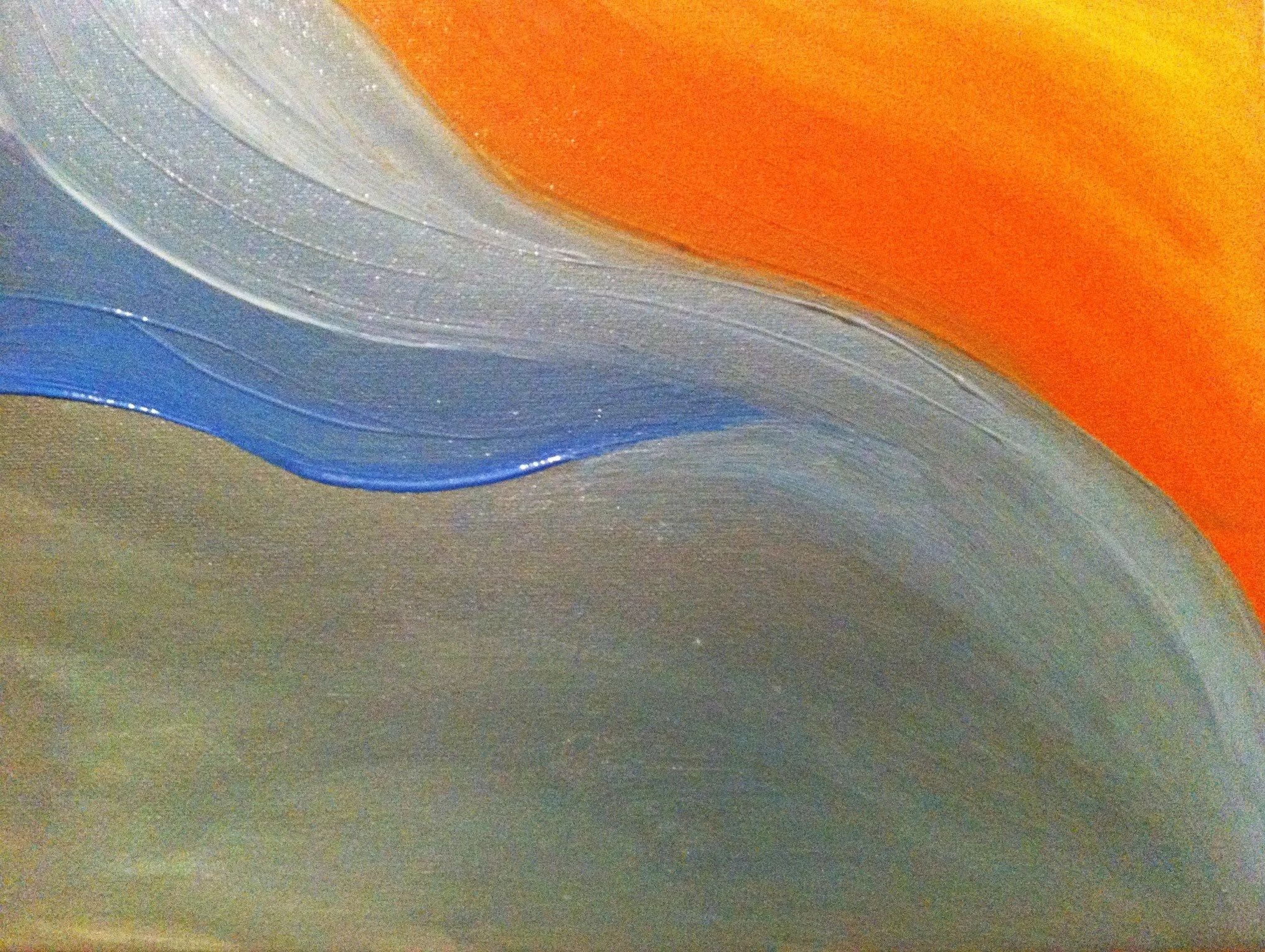 Abstract painting with orange, blue, and gray swirls.