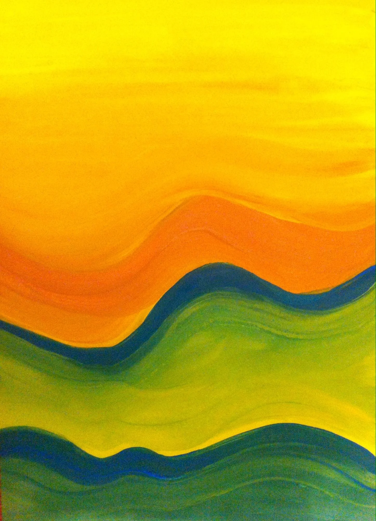 Abstract art with wavy patterns in yellow, orange, green, and blue.