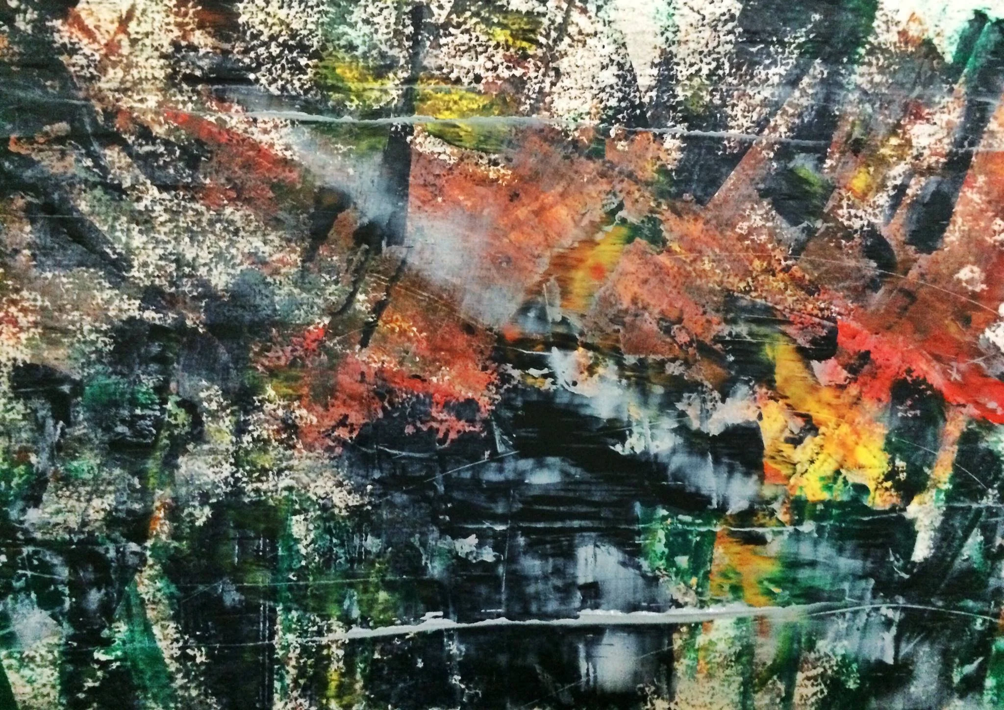Abstract art with textured brushstrokes in black, green, orange, red, and yellow.