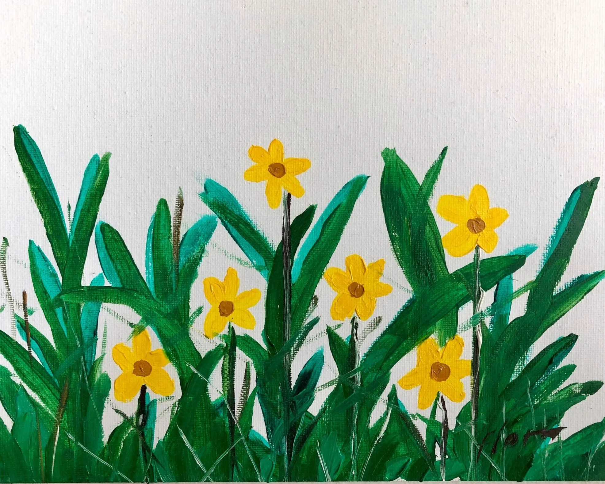 Painting of six yellow flowers with green leaves on a light ground.