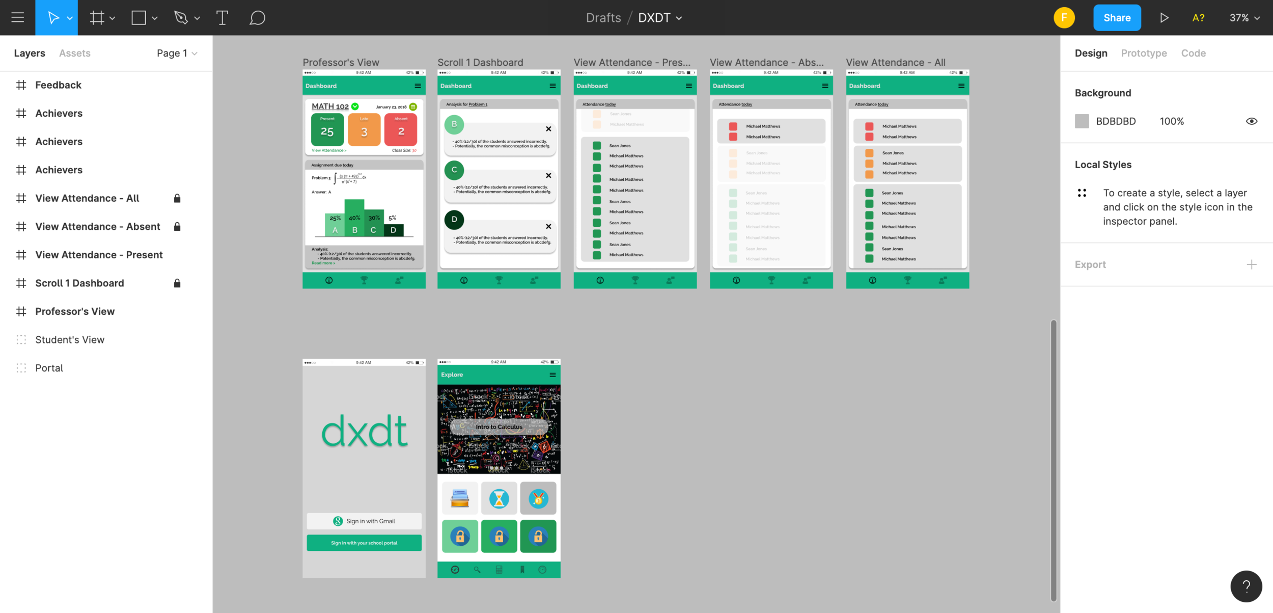 First version of the prototype before adding user story and interaction